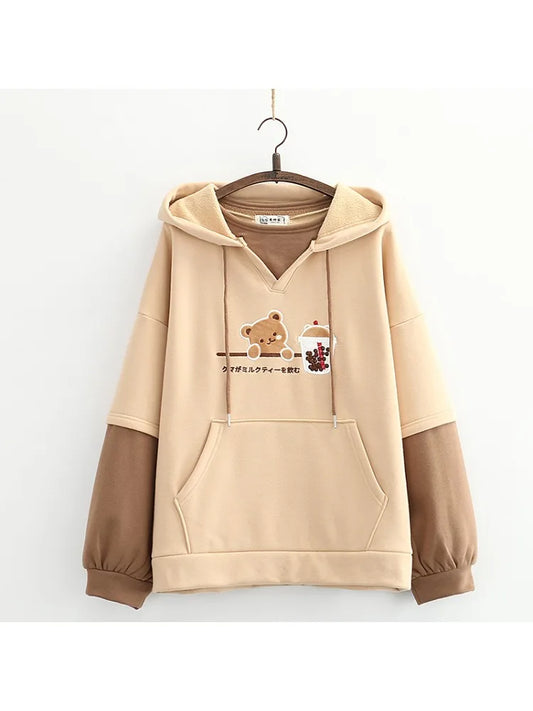 maoxiangshop Fleece Harajuku Cartoon Bear Embroidery Casual Hoodies Sweatshirt Women Winter Long Sleeve Patchwork Korean Style Pullover