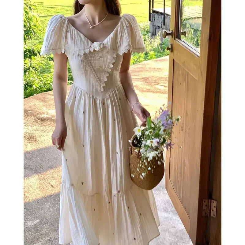 maoxiangshop Vintage Embroider Midi Dresses for Women 2024 Summer Elegant Party Fashion A Line Clothes Holiday Casual Sweet Female Clothing