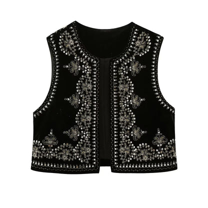maoxiangshopWomen Fashion Y2k Vintage Floral Embroidery Vest Top V Neck Loose Casual Summer Woman Short Cardigan Waistcoat Chic Tops