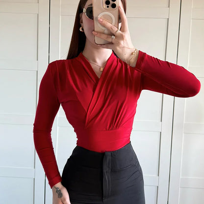 maoxiangshop  -  Cross-Neck Slim Long Sleeve Crop Top For Women Elegant Ruched Solid T shirt Autumn Fashion Versatile Female Pullovers