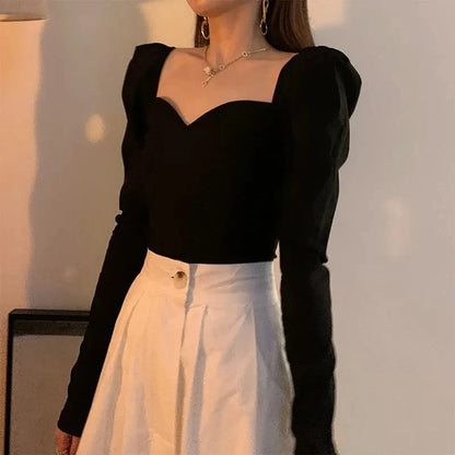 maoxiangshop Vintage Elegant Shirts Women Puff Sleeve Square Collar Blouses Office Lady Korean Autumn Black Chic Slim Casual All Match Tops