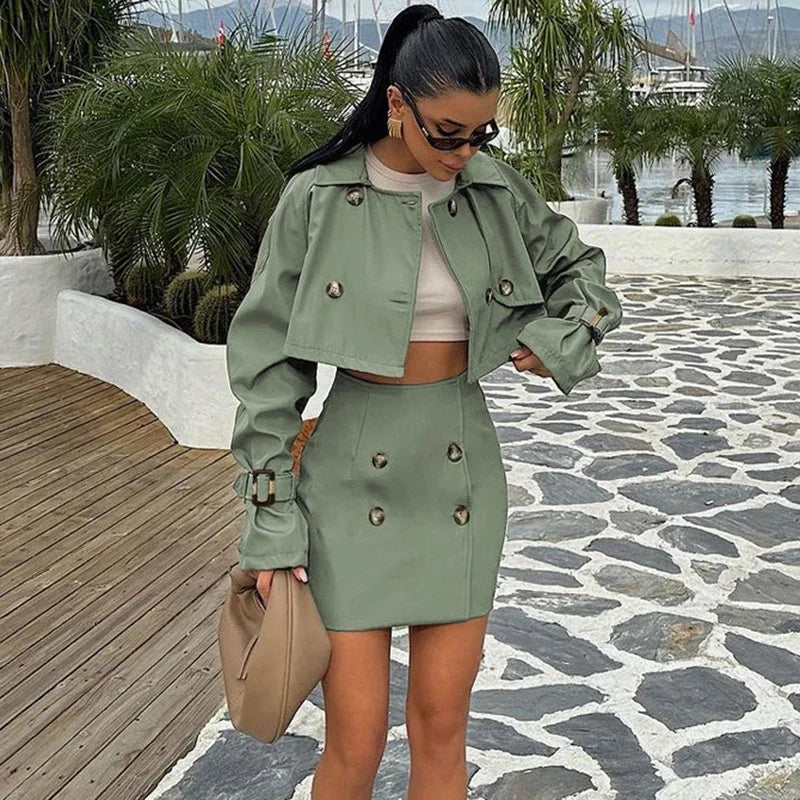 maoxiangshop  -  Short Jacket Skirt Two-Piece Set For Women Retro Button Slim Splice Mini Skirt Female Autumn Streetwear Matching Sets