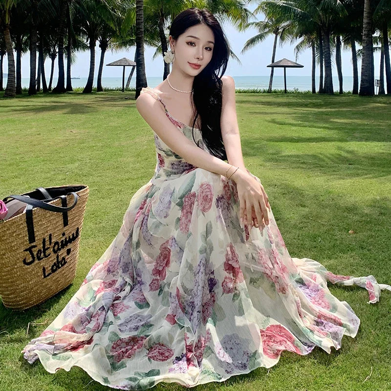 maoxiangshop  Summer Chiffon Beach Maxi Dress Women Fashion Print Floral Backless Bandage Slip Dress Elegant Evening Party Fairy Dresses