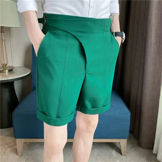 maoxiangshop British Style Casual Suit Shorts Mens Waist Buckle Button Naples Knee Length Pants Summer Thin Fashion Business Slim fit Shorts