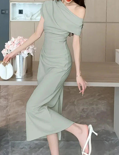 maoxiangshop Elegant Off Shoulder Evening Party Dresses Women Summer Fashion Slim One Piece Solid Vestidos Korean Graduation Robe Clothing