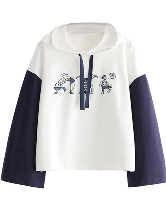 maoxiangshop Harakuju Graphic Casual Cotton Hooded Sweatshirt For Women Summer Patchwork Hoodies Female  Drawstring Pullover Top