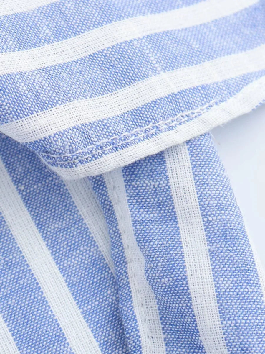 maoxiangshop  -  Striped Pocket Blouses Women 2024 New Single Breasted Long Sleeve Blouse Female Autumn Casual Simple Thin Lapel Collar Shirts