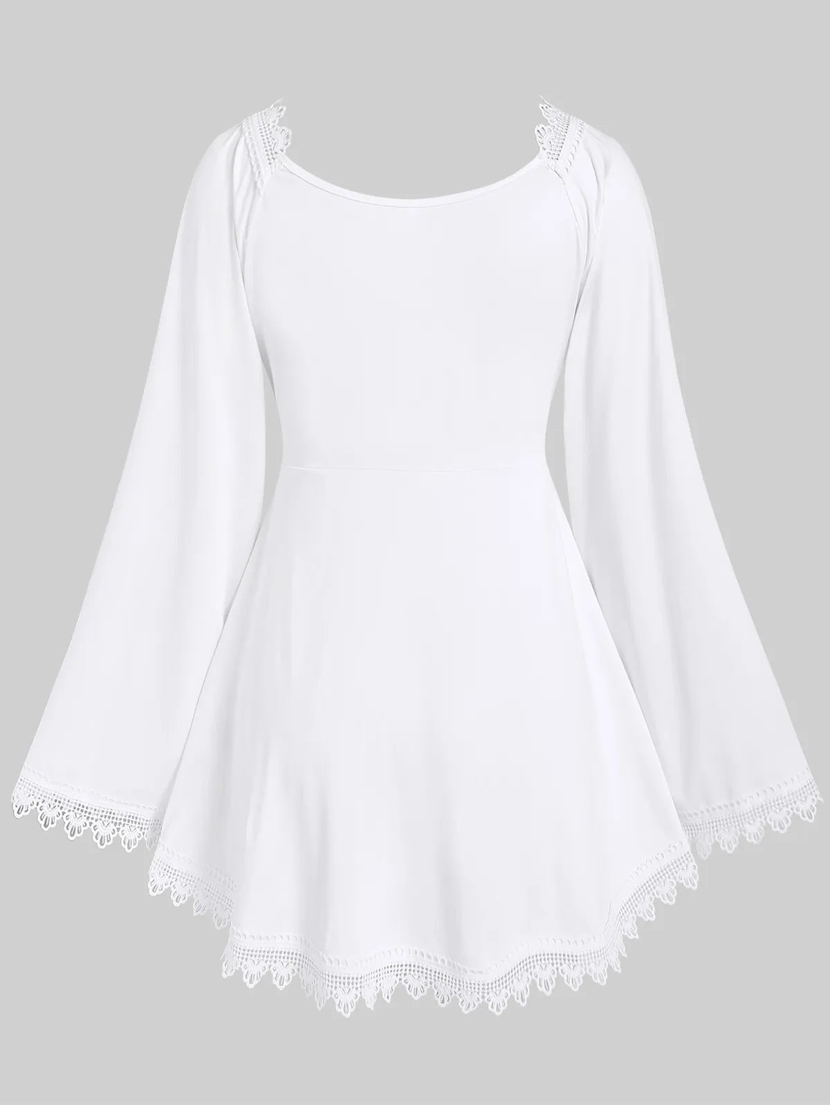 maoxiangshop Plus Size White Lace Trim Hollow Out Tees Fashion V-Neck Cinched Flare Sleeves Tops Women Fall,Spring Streetwear T-Shirt