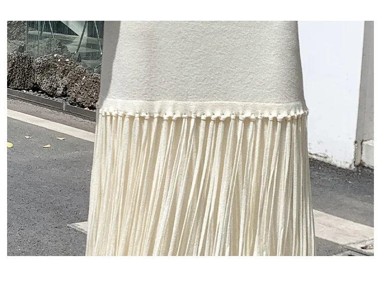 maoxiangshop French Chic Tassel Long Skirts for Women A-line High Waist Female Faldas Ajustadas Ladies Autumn Fashion Maxi Skirt