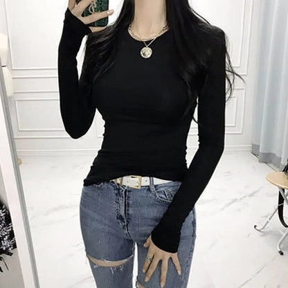 Thin T Shirt Women Cotton Long Sleeve Top T-Shirts Korean Style Slim Elastic Woman Clothes Tee Shirt Spring Camisetas De Mujer