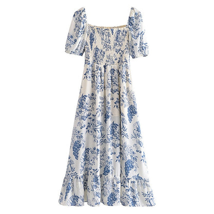 maoxiangshop New Summer Women Vintage Fruit Floral Print Square Neck Puff Sleeves Elastic Sexy Side Slit Long  Midi Dress