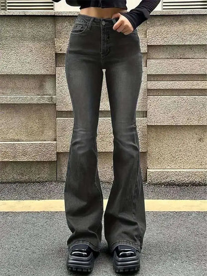 Vintage Flared Stretch Jeans Women High Waist Skinny Boot Cut Gray Denim Pants Y2K Punk Streetwear Wide Leg Trousers