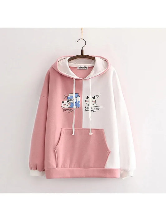 maoxiangshop fleece plus velvet women hoodies and sweatshirt cartoon cat print patchwork cute hooded pullover for sweet style  Tracksuits