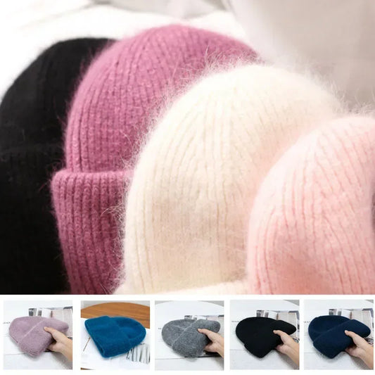 maoxiangshop 21colors Autumn Angola Rabbit Fur Knitted Beanies Winter Skullies Women's Hat Fashion Solid Warm Cashmere Wool Three Fold Thick