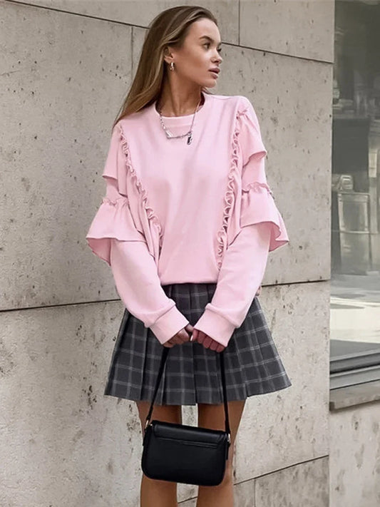 maoxiangshop  -  Autumn Knit Ruffled Pullover Women's Patchwork Fashion Loose Solid High Waist Knitwear Sweatshirts Female Elegant Hoodies