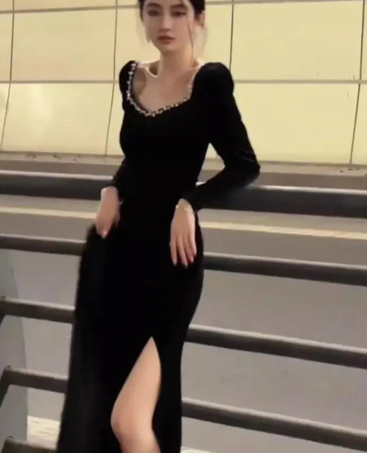 Autumn Winter Women Elegant Evening Prom Party Velvet Midi Dress Vintage Bodycon Square Collar Black Robe Formal Vestidos