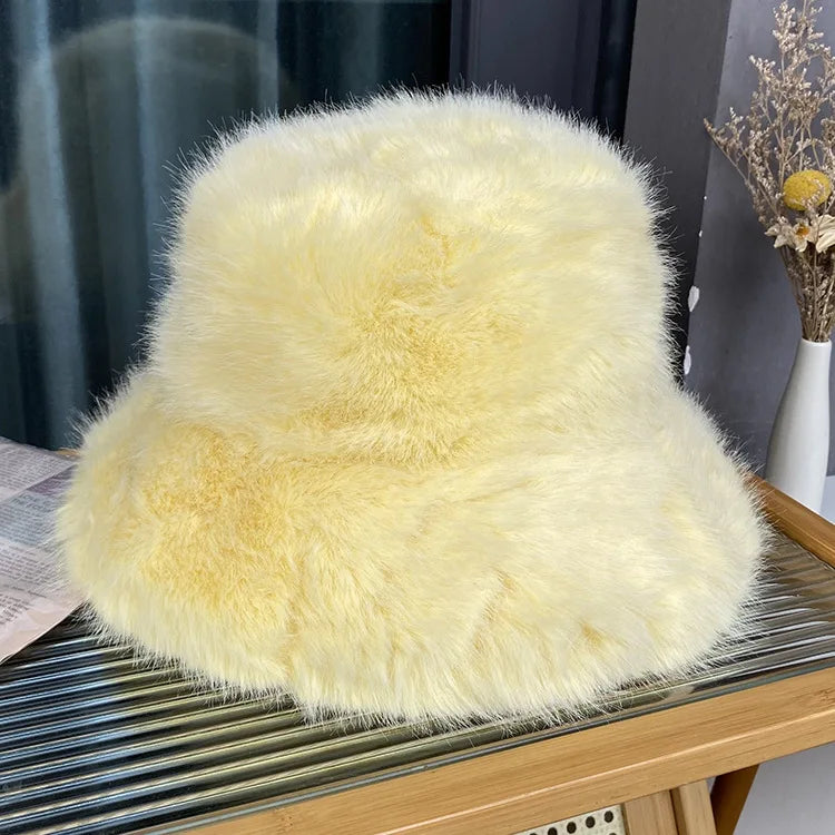 maoxiangshop y2k Fluffy Faux Fur Bucket Hat Women Rabbit Fur Warm Thick Plush Winter Hat Lady Luxury Fashion Furry Panama Fisherman Cap