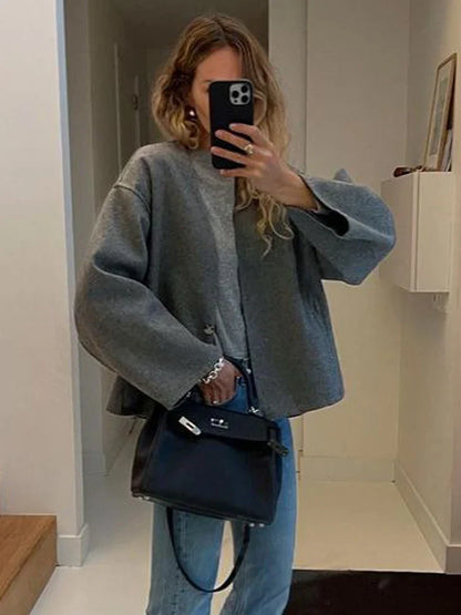 maoxiangshop  -  Woolen Coat Women Grey Autumn Winter Crop Overcoat Lady Elegant Fashion Long Sleeve Jacket Female Casual Loose V-Neck Coats