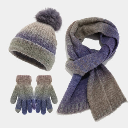 maoxiangshop  -  Winter Pompom Hat Scarf Glove Sets Tie-Dyed Knitted Beanies Plush Lining Thicken Bonnet Touch Screen Gloves Windproof Skiing Cap