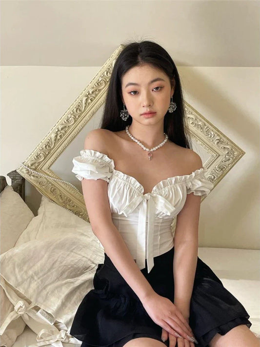 maoxiangshop-Kawaii White Blouse Women Sweet Ruffles Puff Sleeve Crop Tops Summer Short Sleeve Casual High Street Korean Fashion