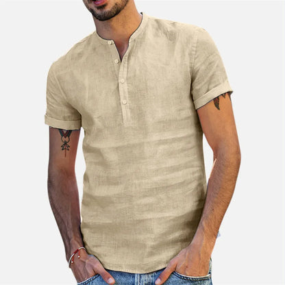 maoxiangshop 2024 New Men's Standing Collar Cotton Linen Short Sleeved Shirt Men's Designer Clothes Popular Tops for Men