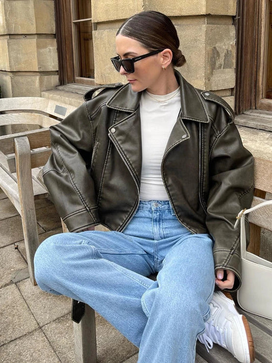 maoxiangshop  -  Spring Autumn Women Faux Pu Leather Short Jacket with Belt Motorcycle Biker Female Zipper Lapel Loose Coat Outwear