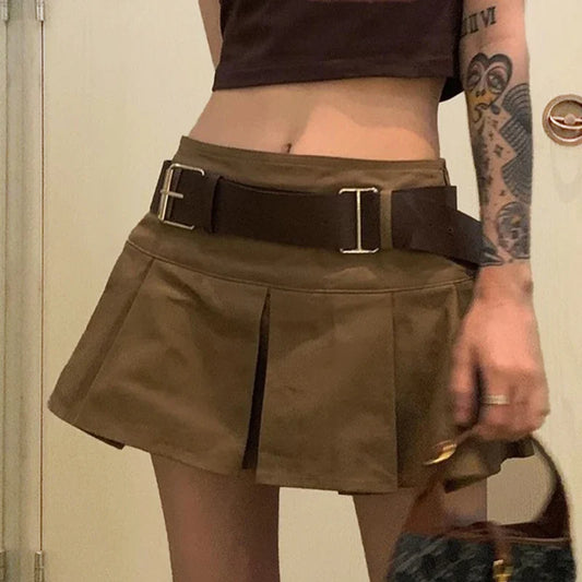 maoxiangshop Brown Belted Mini Skirt Low Waisted Pleated Skirt with Belt Women Academia Aesthetic Vintage Outfit