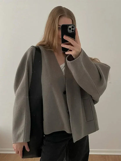 maoxiangshop  -  Warm Button Pockets V Neck Crop Jacket For Women Casual Solid Long Sleeves Short Coat 2024 New Autumn Lady Office Outerwear
