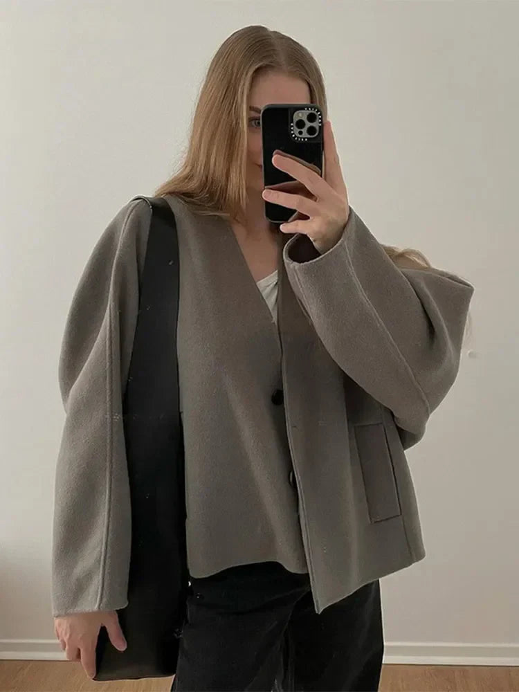 maoxiangshop  -  Warm Button Pockets V Neck Crop Jacket For Women Casual Solid Long Sleeves Short Coat 2024 New Autumn Lady Office Outerwear