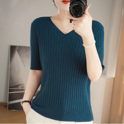 Women Sweater Short Sleeve V-neck Stripe Knitwears Slim Fit Shirt Korean Fashion Pullovers Thin Knit Tops 2023 Bottoming Shirts