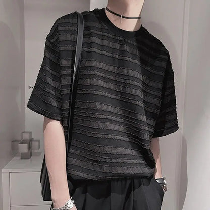 maoxiangshop Striped Mesh T-shirts for Men Beach Short Sleeve Tee Male Summer Translucent Breathable Tops O-neck Casual Streetwear