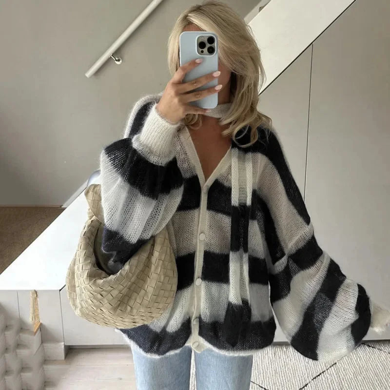 maoxiangshop  -  Striped Knit Sweater Cardigan With Scarf Women Casual V Neck Lantern Sleeve Coat 2024 Autumn Chic Contrast Lady Fashion Knitwear