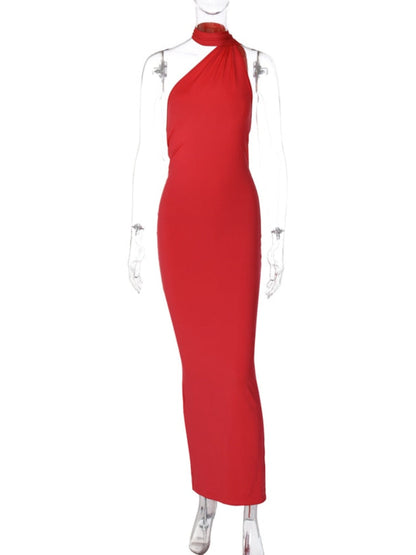 maoxiangshop Backless Maxi Dress Elegant Red Long Sleeve Sexy Ruched Bodyocn Evening Party Dress for Women Spring Slim Christmas Outfits