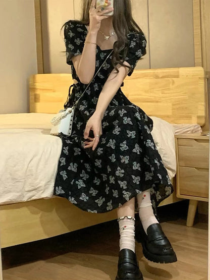 maoxiangshop Vintage Black Square Collar Bandage Puff Sleeve Print Chiffon Midi Maxi Dresses for Women Party Dress Korea Clothing Summer