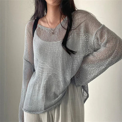 maoxiangshop- Full Sleeves Pullovers Hollow Out Sweaters Tops Sexy Women Fashion Casual Streetwear Chic Female Losse Sweaters Korean style
