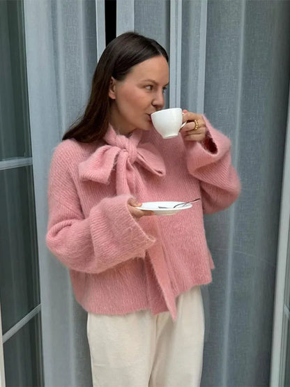 maoxiangshop  -  Elegant Knitted Pink Bow Lace Up Scarf Collar Sweater Fashion Sweet Girl Long Sleeves Pullover 2024 Autumn Chic Street Jumper