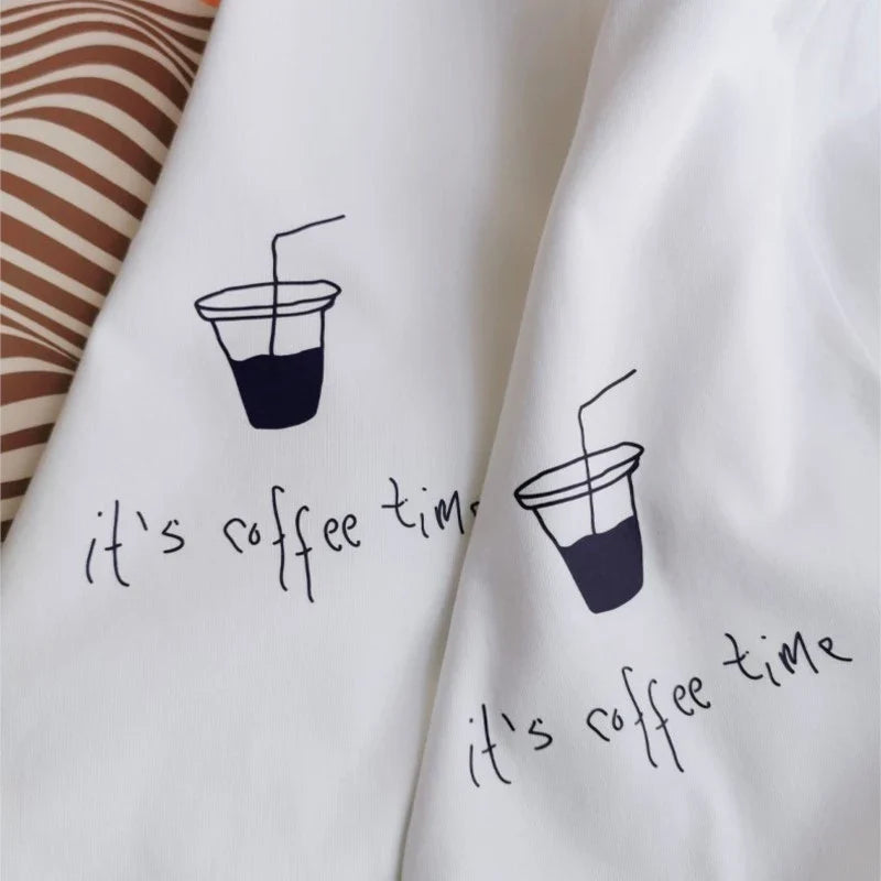 maoxiangshop  -  It Is Coffee Time Letter Print Casual Summer T-shirt Coffee Cup Pattern Cute Short Sleeve Tee Cotton Fashion Streetwear Top 2024