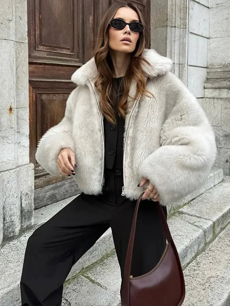 maoxiangshop  -  Warm Thick Zipper Lapel Pocket Faux Fox Fur Coat Women's Long Sleeved Fluffy Jacket 2024 Winter Lady High Street Outercoat