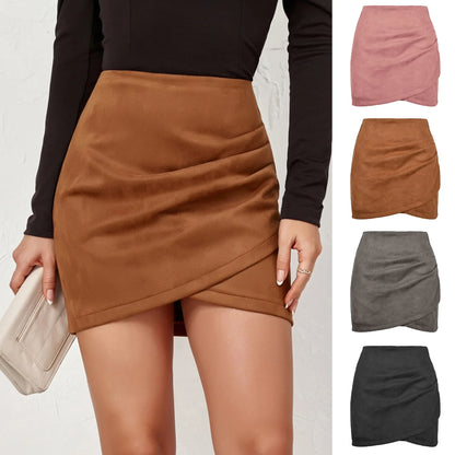 maoxiangshop Suede Irregular Skirts Summer Women High Elastic Waist Pleated Zipper Skirt