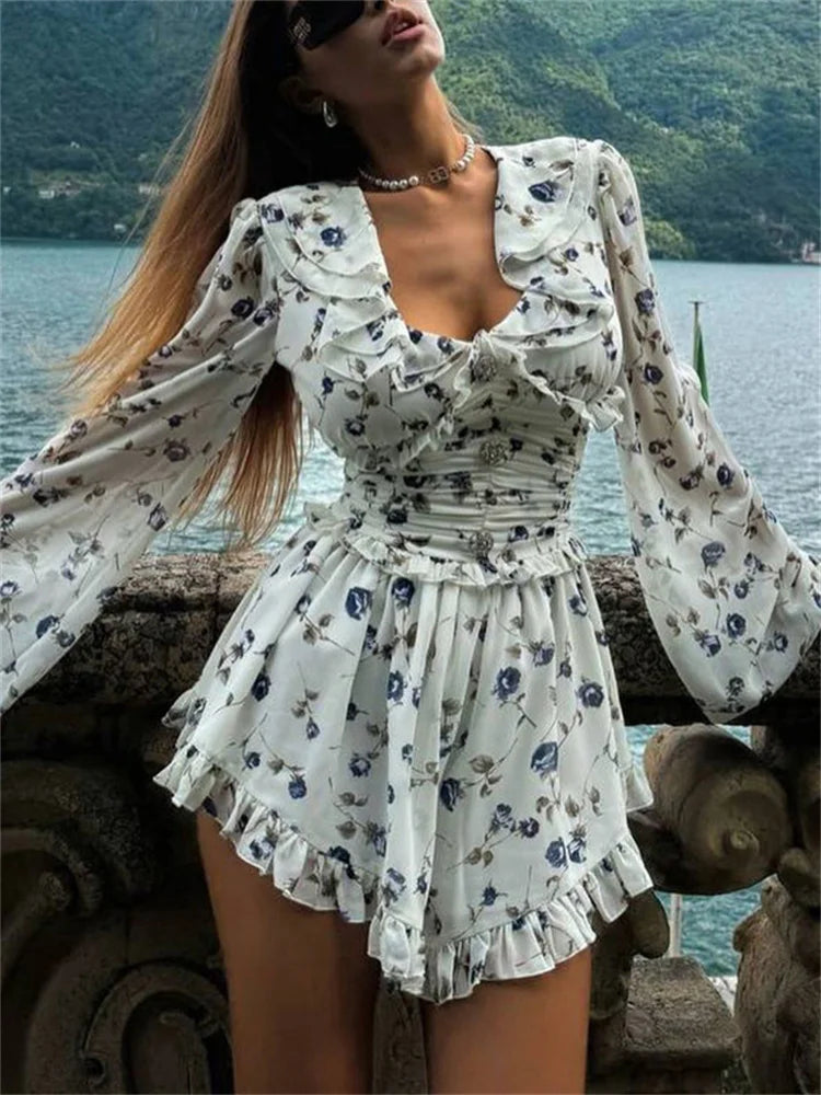 maoxiangshop  -  Ruffled V-Neck Printed Mini Dress Female Bandage Autumn Fashion Lace-Up Contrast Drawstring Dress For Women Party Dress