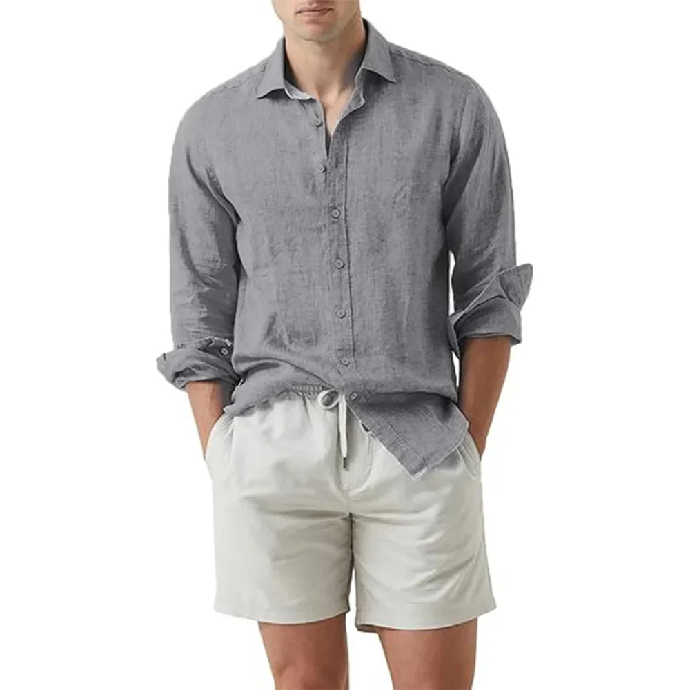 maoxiangshop Summer Shirt Beach Cotton Linen Shirts Men Cardigan Tops Long Sleeved Turn Down Collar Slim Fit Large Size