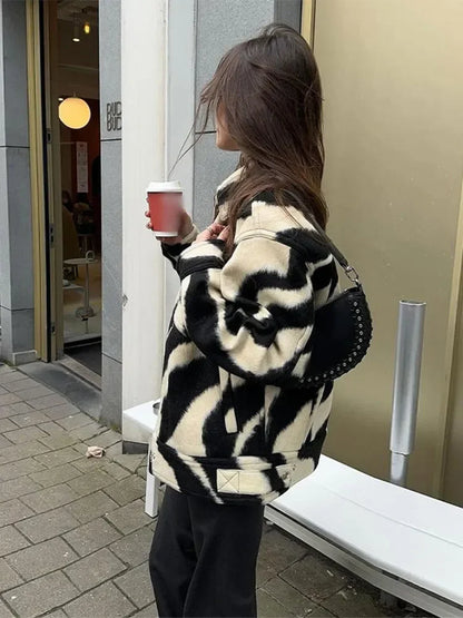 maoxiangshop  -  Women Elegant Zebra Printed Single Breasted Jacket Fashion Lapel Long Sleeves Loose Coat Autumn Chic Lady Commuting Outerwear