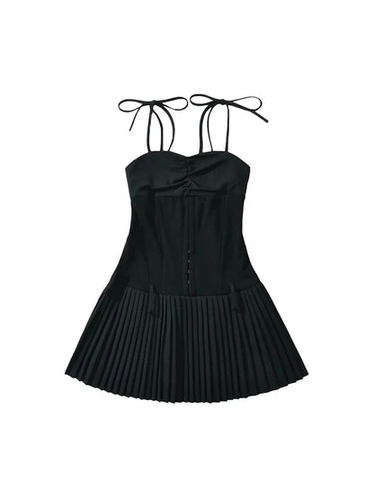 maoxiangshop  -  Summer Girls Cute Black Sling Waistband Short Dress Young Lady Spring New Fashion Patchwork Yellow Pleated Mini Dresses