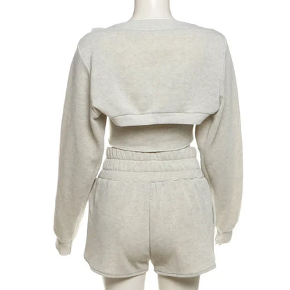 maoxiangshop  -  2024 Fall Winter Women Solid Sweatsuits 3 Piece Set Strapless Tanks Top + Long Sleeve Cardigans + Shorts Casual Streetwear Suits