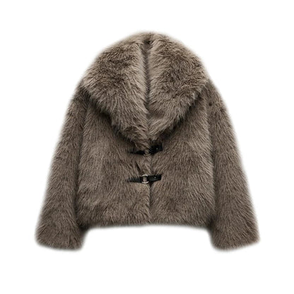 maoxiangshop  -  Vintage Faux Fur Button Coats Women Winter Loose Solid Plush Lapel Cost Female Autumn Warm Versatile High Street Outwear