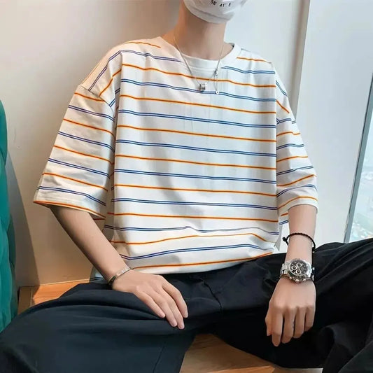 maoxiangshop 100% Cotton Short Sleeve T-shirt Men Trendy Summer Hong Kong Style Striped Five-point Half Sleeve Student Leisure Versatile