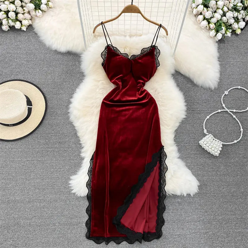 Lace Splice Sling Dress For Women Spring Outfits Retro Hepburn Style Base Fashion V-Neck Sleeveless Sexy Slim Side Slit Midi Velvet Dress