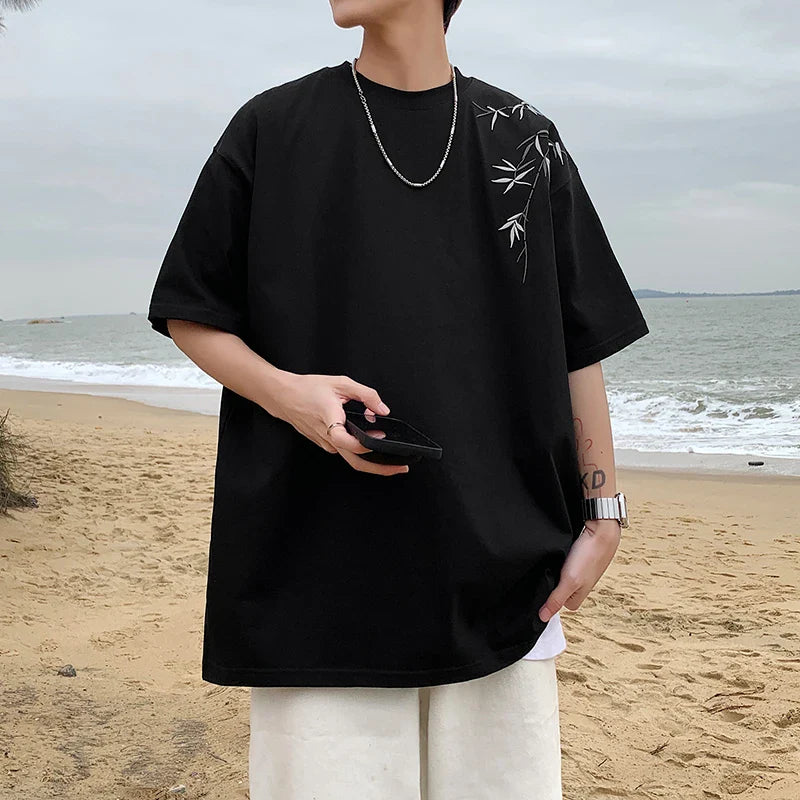 maoxiangshop Bamboo Embroidered T Shirt Men Harajuku Streetwear T-Shirts Summer Short Sleeve Black White Loose Casual Tshirt Tees Top