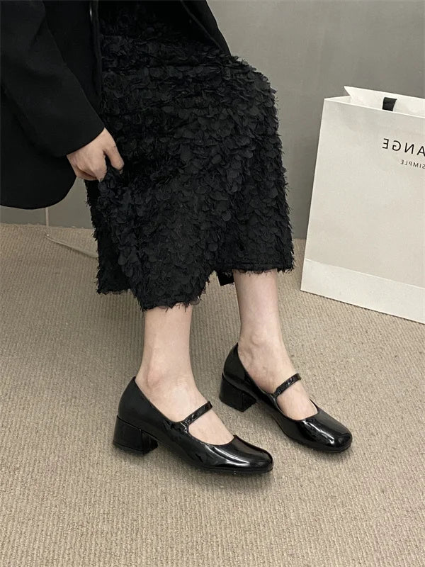 maoxiangshop -  Spring Autumn Britain Style Woman Pumps French Thick Heel Square toe Mary Janes Femme Punk Girls Shoes Moccasins