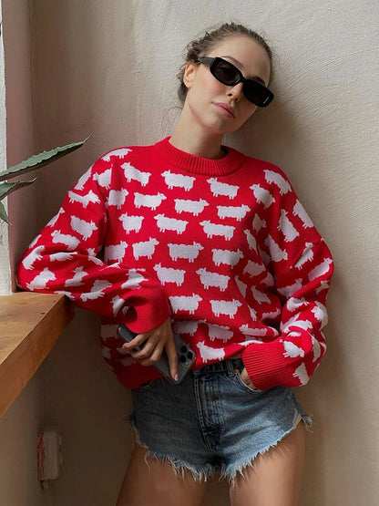 maoxiangshop  -  Elegant Women Sheep Printing Sweater Warm Knitted Classic O-Neck Pullover Tops Autumn Winter 2024 Streetwear Sweater